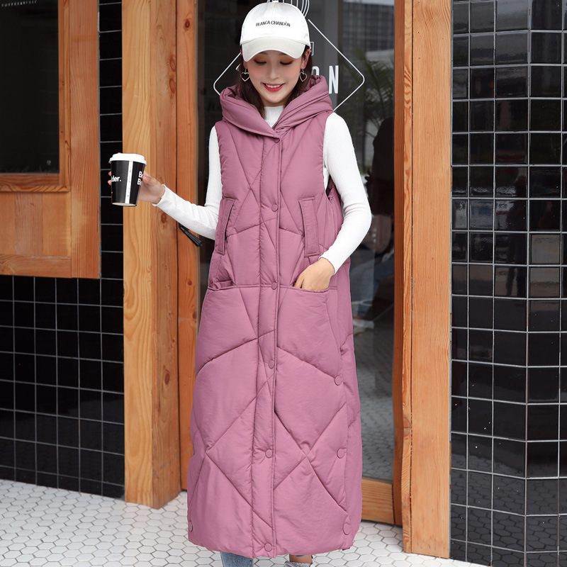 2021 New Cotton Vest Women's Mid-length Over-the-knee Vest Clip Korean Style Waistline Hood Waistcoat Down Jacket Thick 2021 New Cotton Vest Women's Mid-length Over-the-knee Vest Clip Korean Style Waistline Hood Waistcoat Down Jacket Thick
