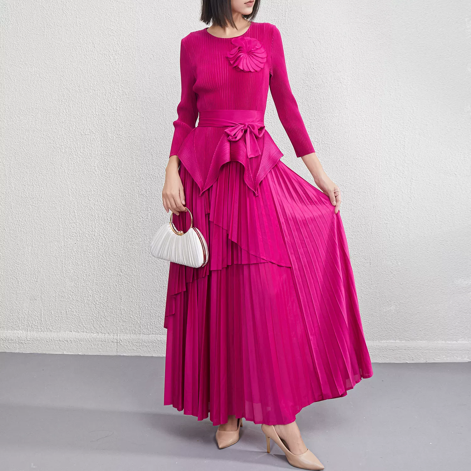 三宅不规则大摆裙2024秋季新纯色系带褶皱收腰上衣连衣裙俩套装女