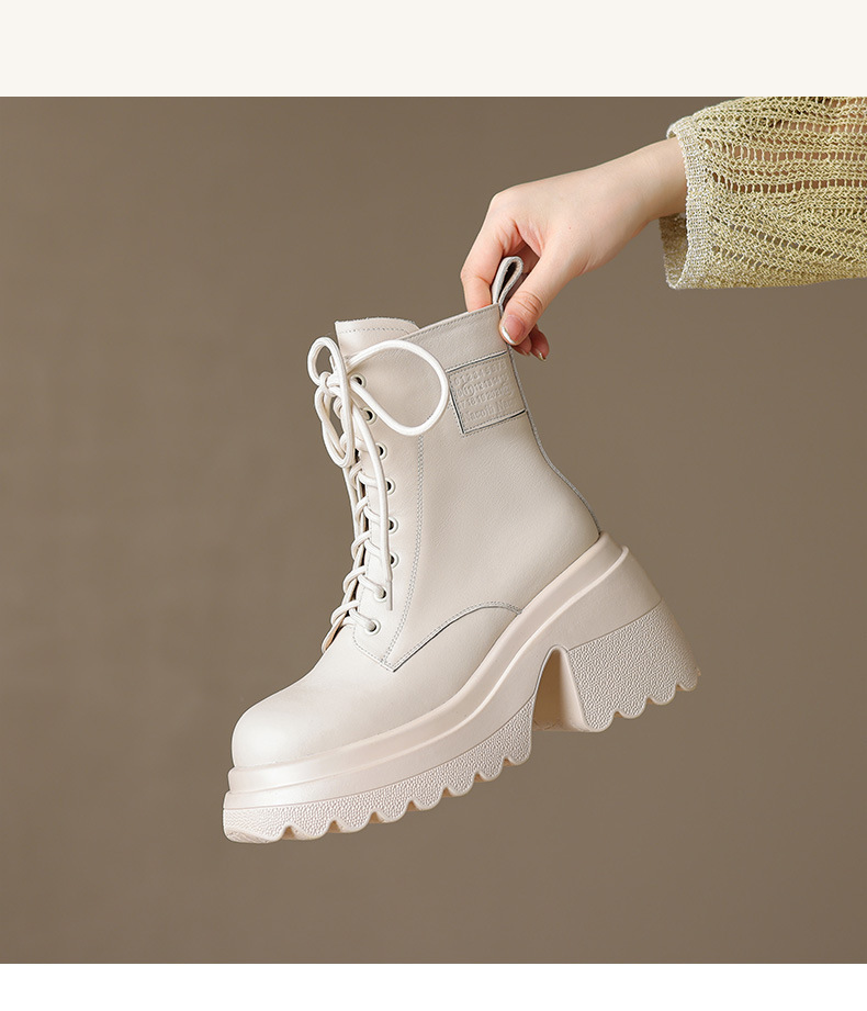 Boot nữ da thật mùa thu đông 2025, dây buộc, đế dày tăng chiều cao, gót vuông thô — Lớp lót đơn màu be, Lớp lót nhung đen, Lớp lót nhung màu be, Lớp lót đơn màu đen chi tiết 11