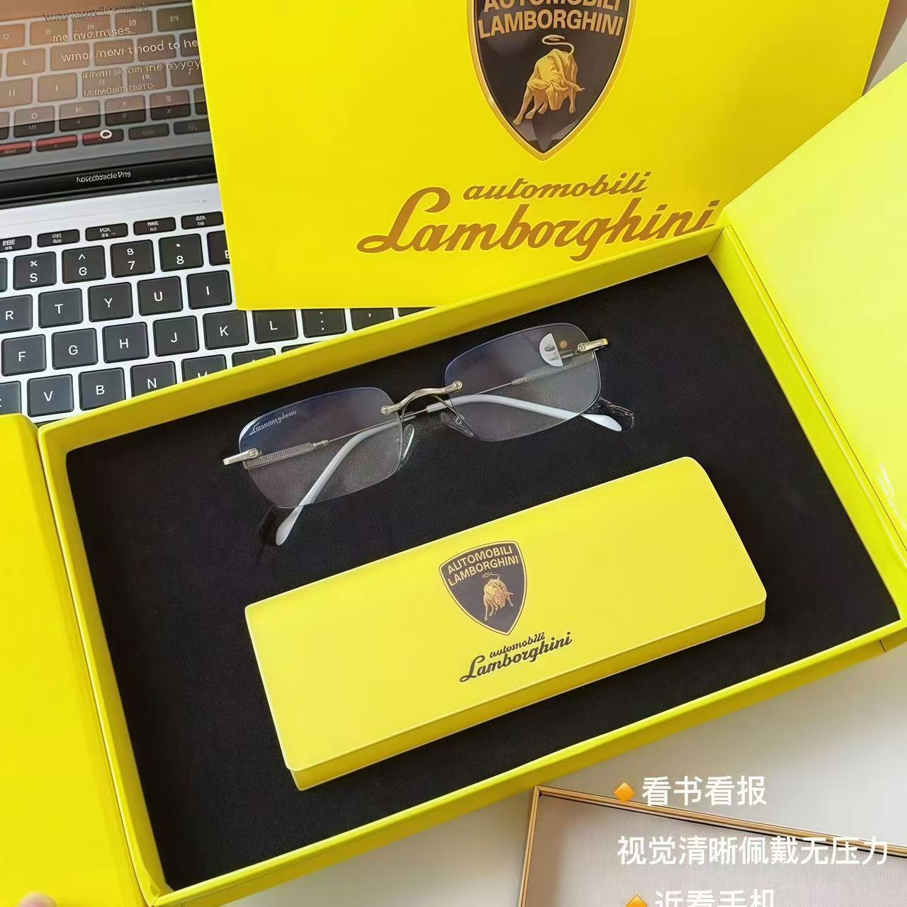 Automobili Lamborghini Rimless Rectangle Metal Eyeglasses Silver Clear