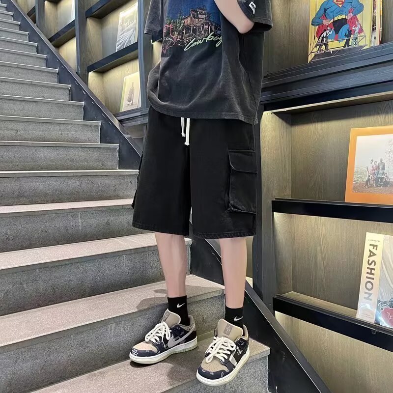 2025 新しいパーソナライズされた巾着デニムショートパンツメンズ夏カジュアルルーズビッグパンツミッドパンツトレンディなブランド 5 点パンツ|undefined
