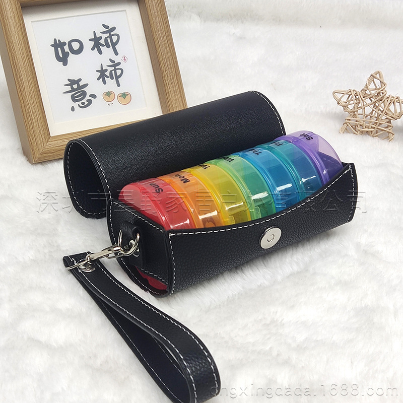 跨境亚马逊热销皮包小药盒外贸便携塑料彩色药盒七天14格圆形药包