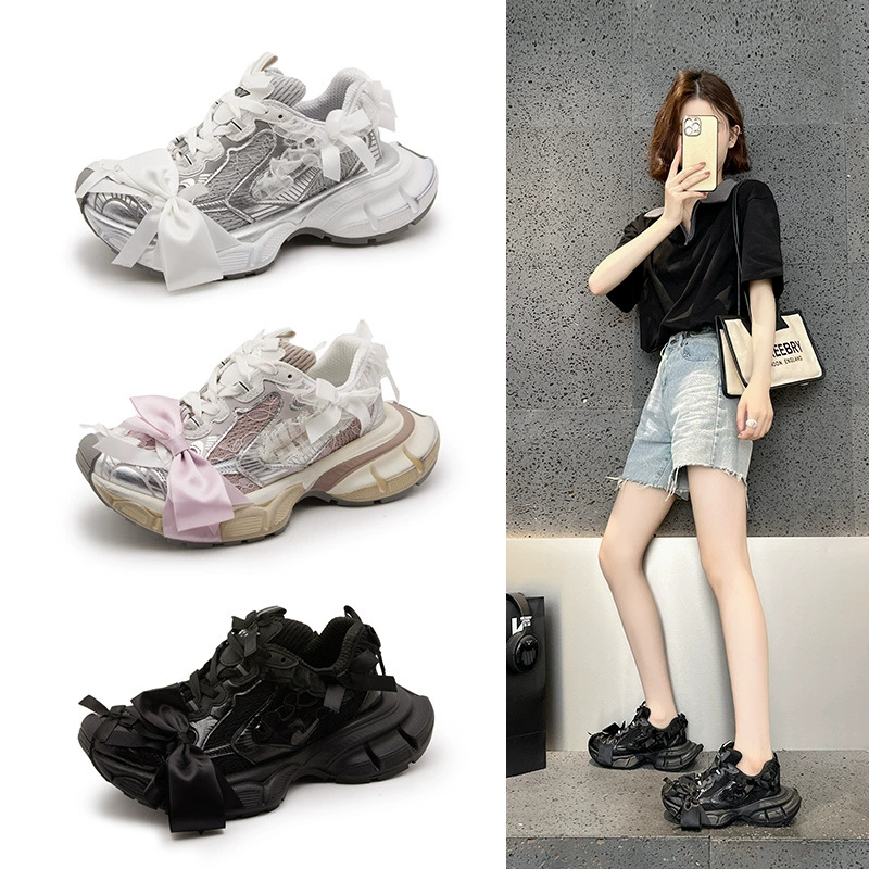 Парижский кружевной бант полузатолк папочка обувь женский 2025 новый дикий старый толстый подошв увеличенные повседневные кроссовки