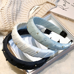 新款韓版時尚緞面纏繞串珠高顱頂海綿發箍 優雅氣質壓發頭箍頭飾