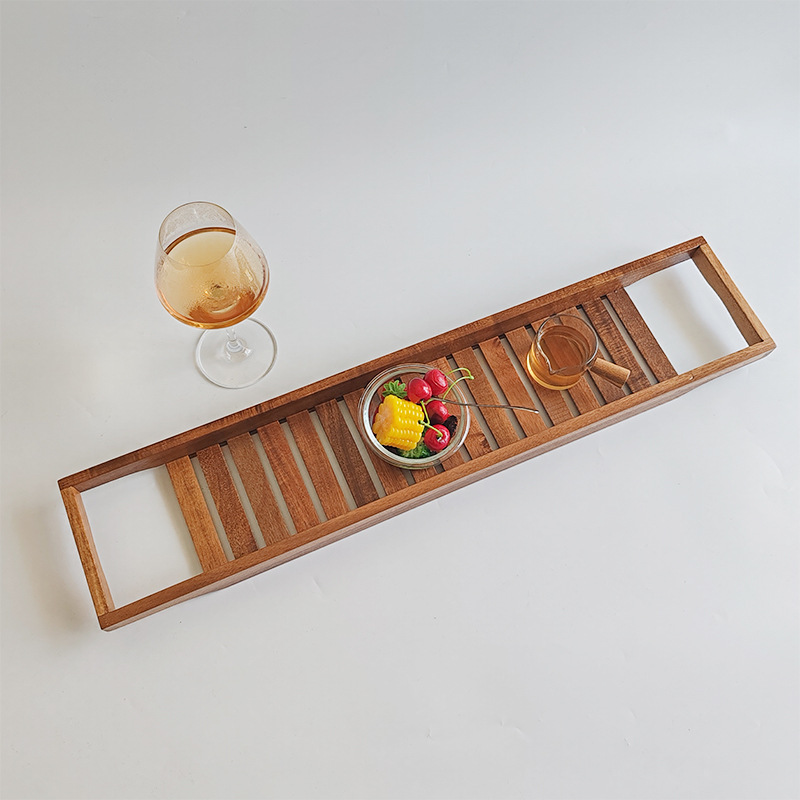 Bathtub Rack Multi-Functional Bath Tablet Phone Red Wine Holder Snack Tray Acacia Wood Material Rack