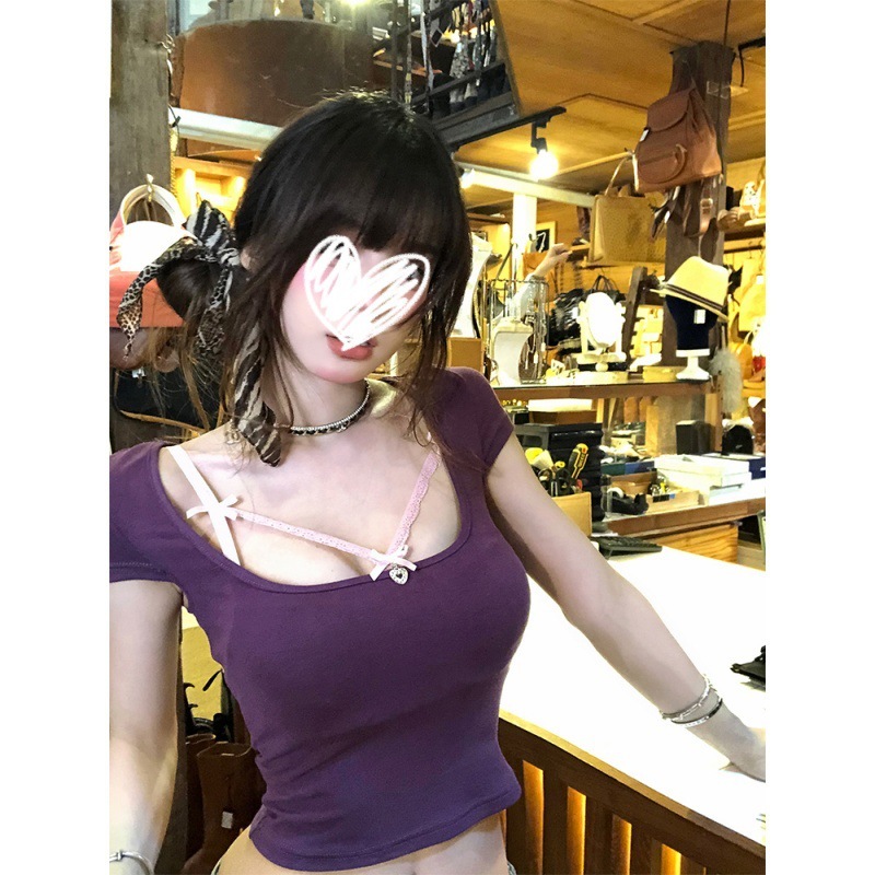 YIDENG 2025 韓国新スタイルショルダー半袖ショートスリムフィット純粋な欲望セクシーなホットガール中空 T シャツ|undefined