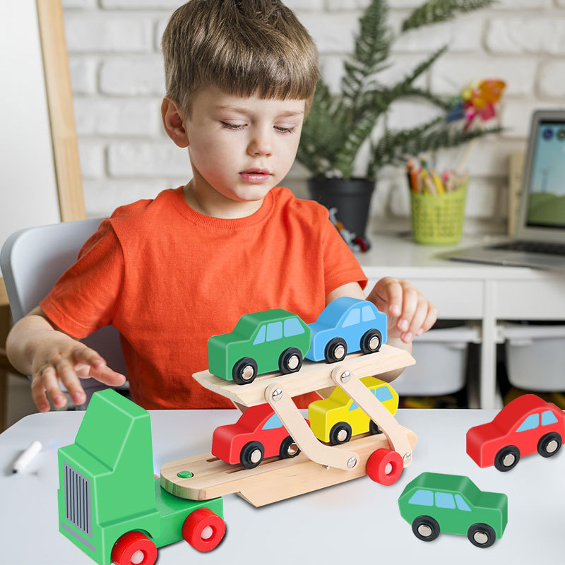 Juguetes de transporte de madera modelo de madera modelo de automóvil de bloque de construcción modelo de automóvil de transporte de carga de doble capa
