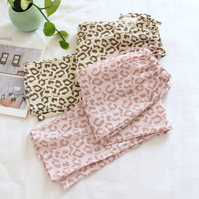 Spring and Autumn pure cotton gauze pajama pants women's leopard print cotton bubble cotton trousers summer home pants simple straight loose Spring and Autumn pure cotton gauze pajama pants women's leopard print cotton bubble cotton trousers summer home pants simple straight loose