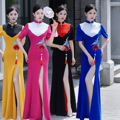 Women Girls red royal blue chinese dresses retro qipao cheongsam dresses split embroided cheongsam qipao female stage costumes 