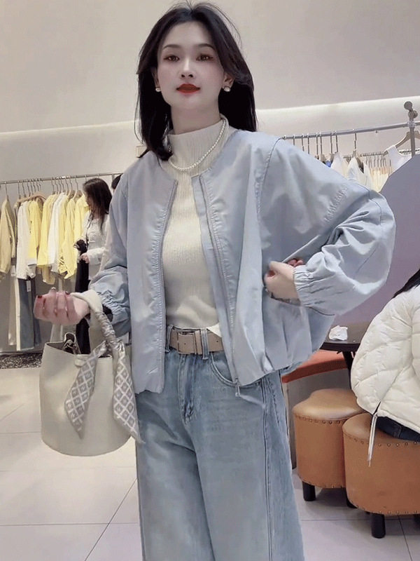 圆领休闲纯色短款棒球服外套女春季新款小个子简约感夹克上衣|undefined