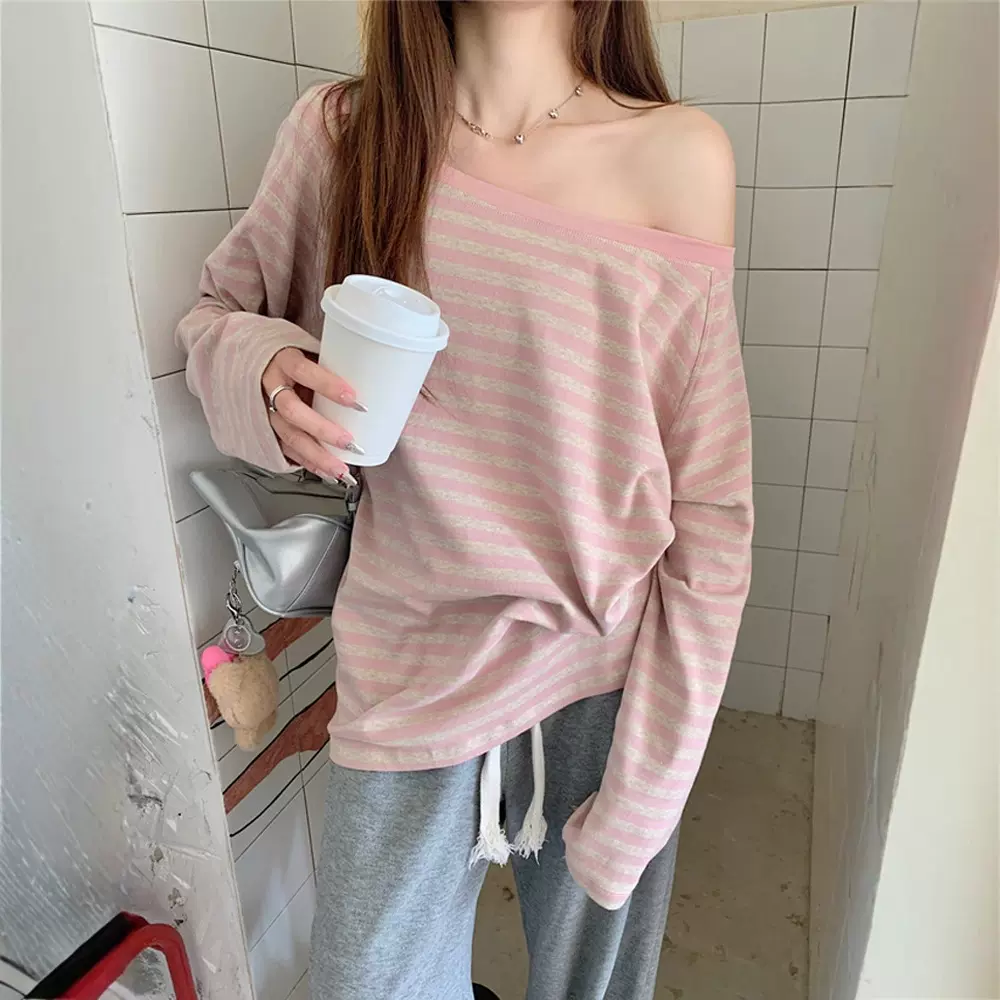 跨境现货黑咖条纹打底上衣女早春秋季辣妹斜肩宽松露锁骨长袖套头