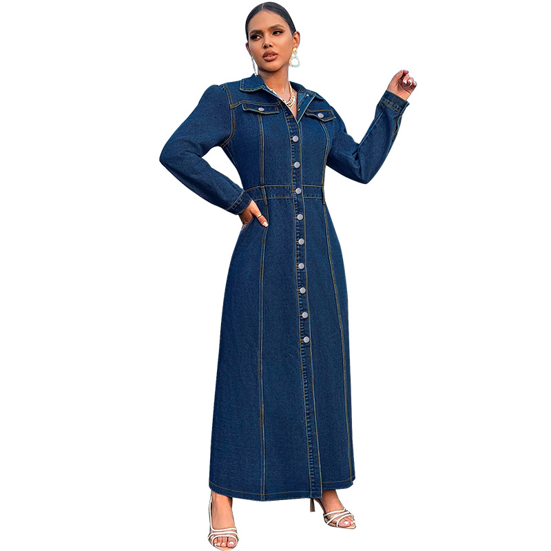 708g Weight Maxi Long Dress Dress Length Type Long Sleeve Sleeve Length Denim Dress Dresses Type Cotton (more than 30%), Denim Fabric Type High Waist Waist Line Holiday, Street Occasion Turndown Neckline Slim Fit Type Solid Color Pattern Spring, Autumn Season Women's Gender Streetwear Style Wholesale Women's Streetwear Solid Color Holiday Street Turndown Long Sleeve Denim Dress 15
