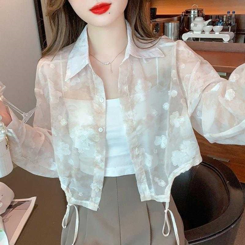 작고 신선하고 달콤한 꽃무늬 쉬폰 셔츠 자외선 차단 의류 여성 여름 긴팔 얇은 카디건 탑 짧은 코트