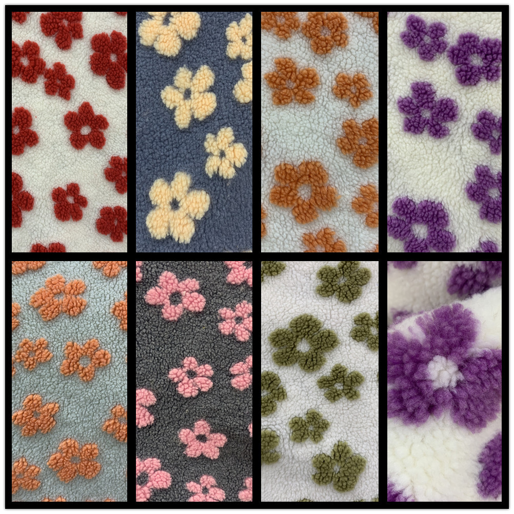 浮雕立体提花羊羔绒 羊羔绒提花小花朵 小花颗粒绒  太阳花毛绒