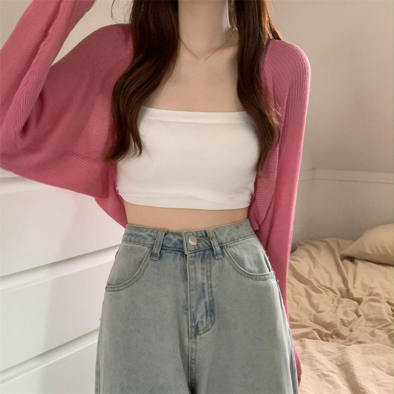 낮은 선반 시니어 언니 얇은 선스크린 카디건 니트 코트 여자 가을 긴팔 블라우스 외부 착용 여름 짧은 스페셜 올림픽