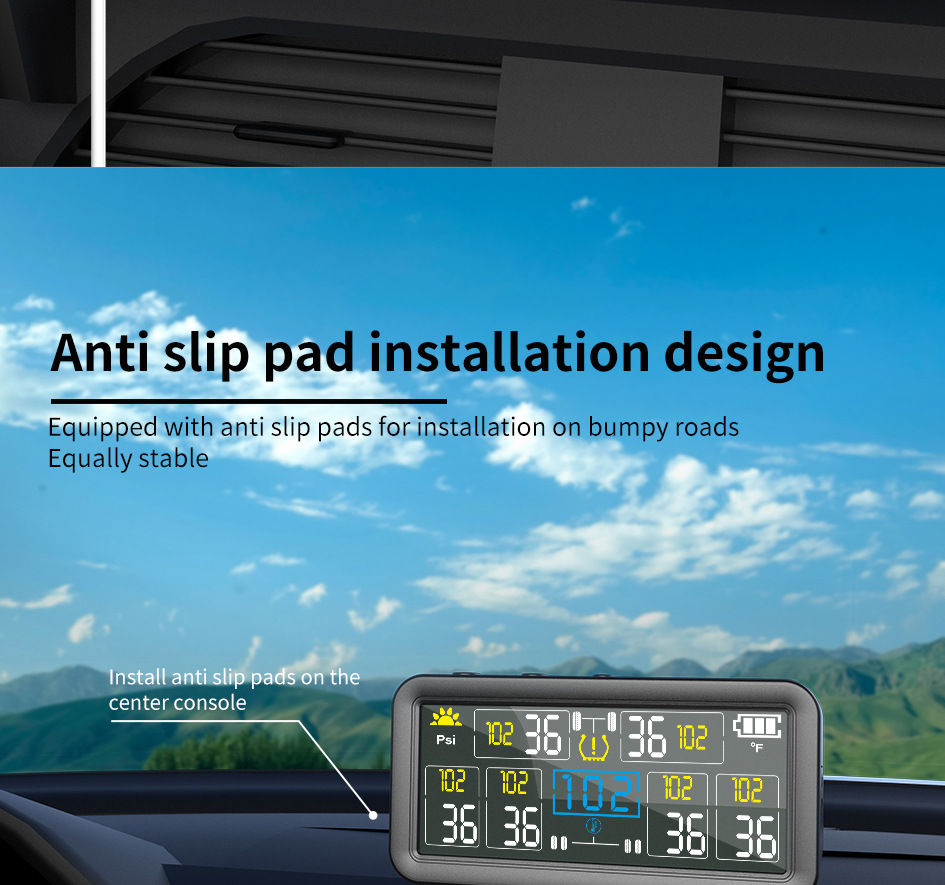 T18 Car Tire Pressure Monitor Solar Wireless Charging High Precision 4inch with In-Car Ambient Temperature Function
