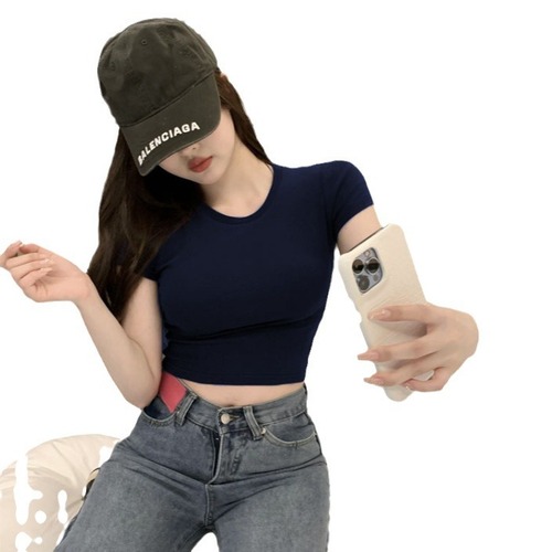 Korean short pure desire exposed navel round neck regular shoulder short sleeve t-shirt for women, Korean style tight and slim women's T-shirt