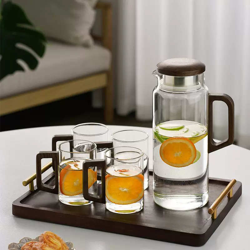 家用中式凉水壶大容量泡茶壶木把凉白开壶待客果汁饮料壶玻璃壶