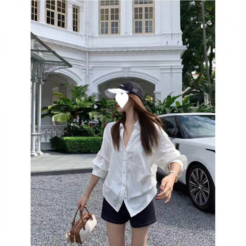 会凹造型的白衬衫秋季新款休闲百搭白色休闲翻领泡泡袖收腰衬衣|undefined