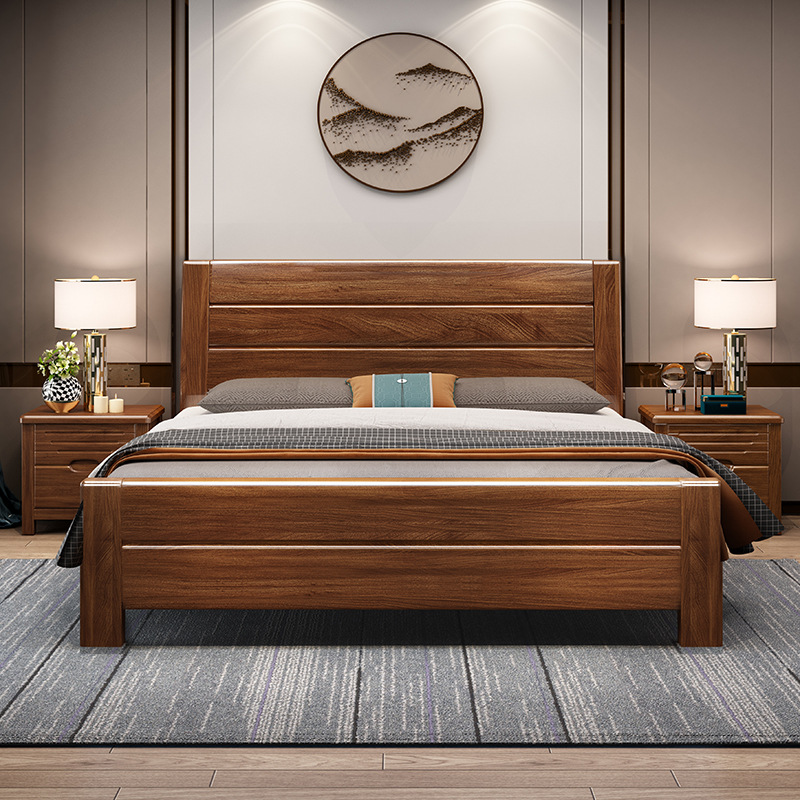 Solid Wood Walnut Chinese Modern Minimalist Single Double Bed 1.8m Wedding Bed Master Bedroom 1.5 Luxury Storage Bed