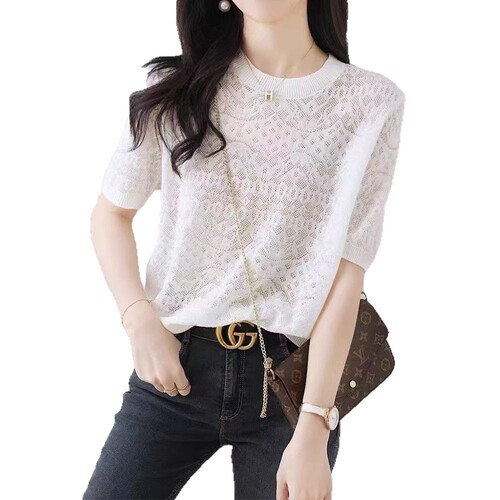 New Women's Lace Ice Silk T-Shirt 2025 Summer Thin Casual White Short-Sleeve Knit Top