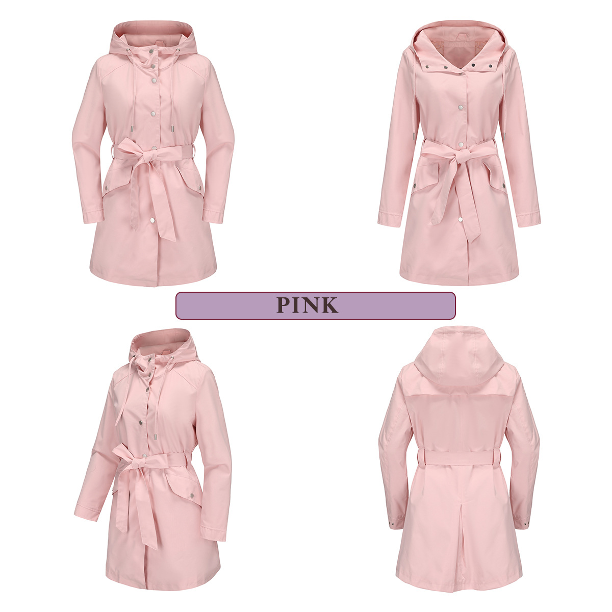 Women's Clothing Spring and Autumn Hooded Water Repellent Jacket with Belt Thin Casual Loose Windbreaker _voghion.com