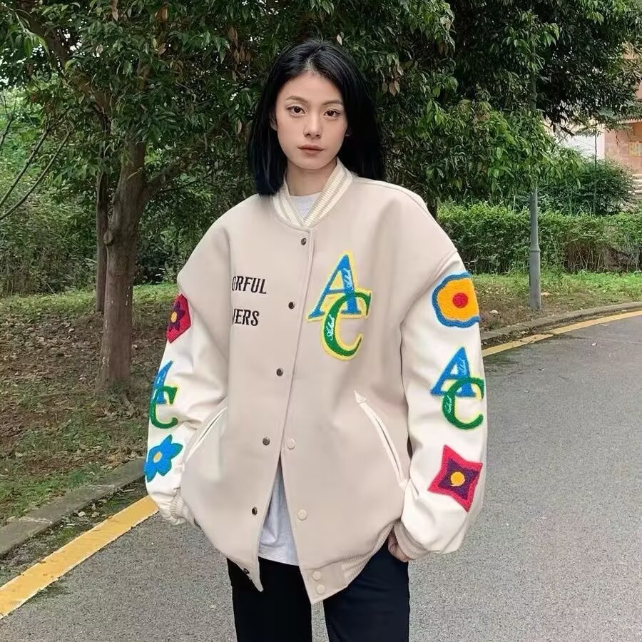 美式复古跨境重磅女新款宽松复古拼接刺绣字母AC棒球服百搭开衫外