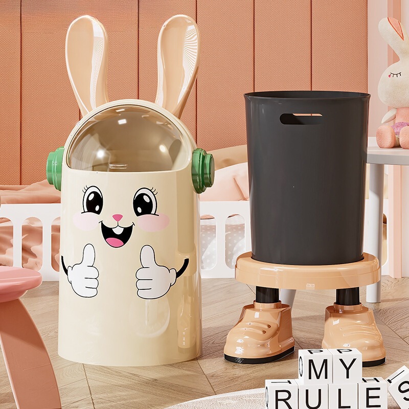 Creative Cartoon Trash Can for Home Use with Flip Lid, High Aesthetic Value, Rabbit Ears, Lid, Wheels, for Kitchen and Living Room, Trendy Large Double Bin