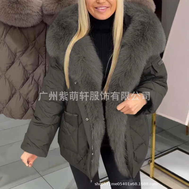 2025亚马逊秋冬新款跨境欧美时尚外贸女装气质优雅连帽中长款棉服|undefined