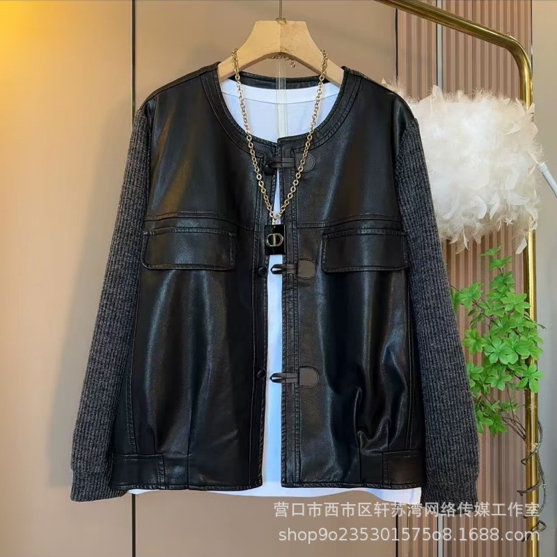 秋季PU皮拼接针织袖外套女新款国风盘扣短款皮衣宽松机车夹克