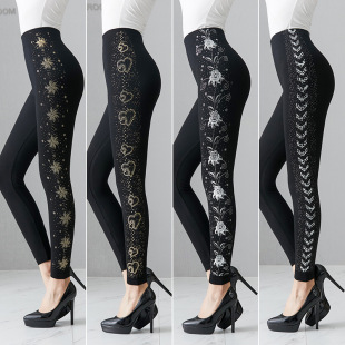 Spring and Autumn Middle-aged and Elderly Modal Printed Leggings Women's Thin High Waist plus size Seamless Bronzing High Stretch Cropped Pants