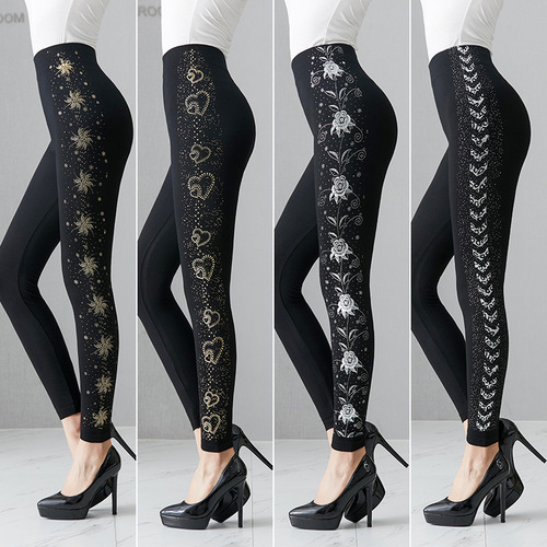 Spring and Autumn Mid-length Modal Printed Base Leggings for Women, Thin, High-Waisted, Plus Size, Seamless, Gold-Plated, Highly Elastic, Cropped Pants