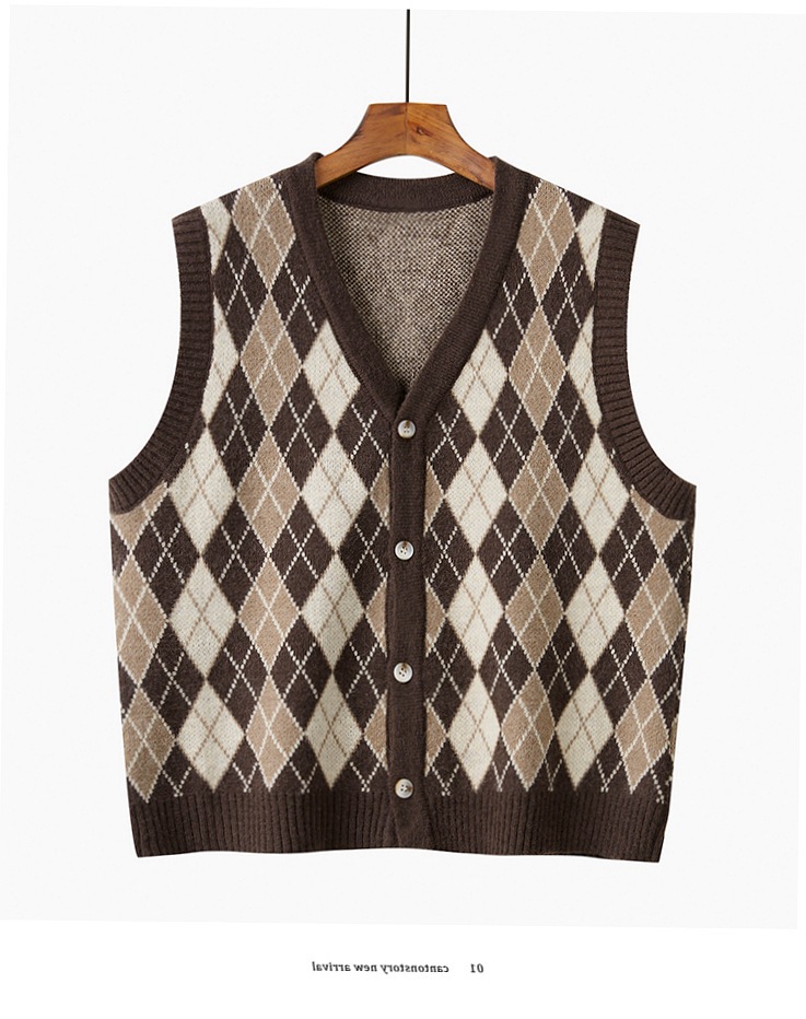 秋季菱格针织背心女 韩版宽松V领开衫马甲跨境复古无袖毛衣外套潮