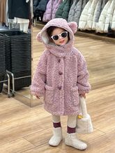 韩版女童2023冬季新款紫色软糯立体连帽耳朵连帽爱心扣大衣外套