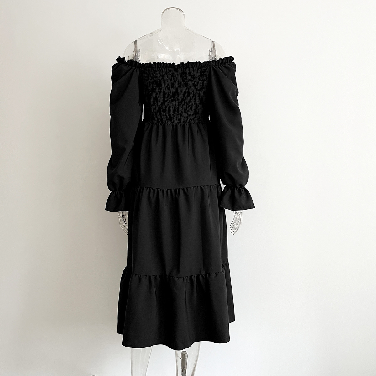 Smocking Dress Ruffled Square Collar Flared Sleeve Layered Large Swing Dress Women Women Clothing