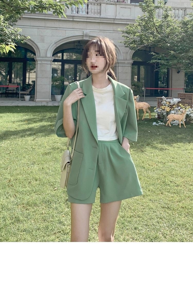 Bộ blazer nữ tay ngắn kèm quần short Hàn Quốc mỏng nhẹ mùa hè — Màu đen [Vải], Cỏ xanh [Vải], Gạo trắng [Vải], Màu hồng [Vải] chi tiết 12