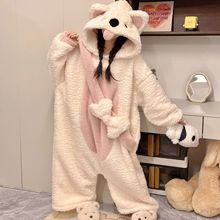 卡通搞怪北极熊珊瑚绒连体睡衣女冬季加绒加厚法兰绒家居服可外穿