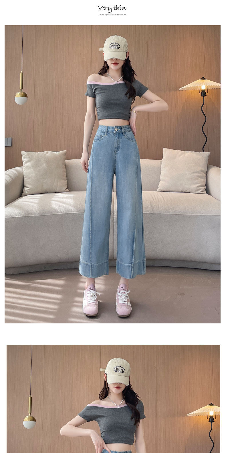 Quần jeans ống rộng nữ dáng suông cạp cao ống suông 9 điểm — Màu xanh hoài cổ 9 điểm chi tiết 12