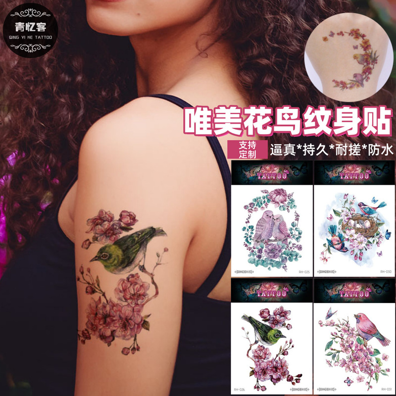 Cross-Border Supply Wholesale Flower and Bird Temporary Tattoo Stickers Beautiful and Sexy Waterproof Realistic Tattoo Collarbone Colorful Flowers
