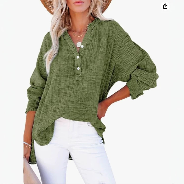 Women's Casual Button V-Neck Long Sleeve Shirt Oversized Solid Color Shirt Top