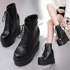 8-inch wedge heel waterproof platform short boots with 14cm high heel, thick sole, leather surface, and tie-up design for women.