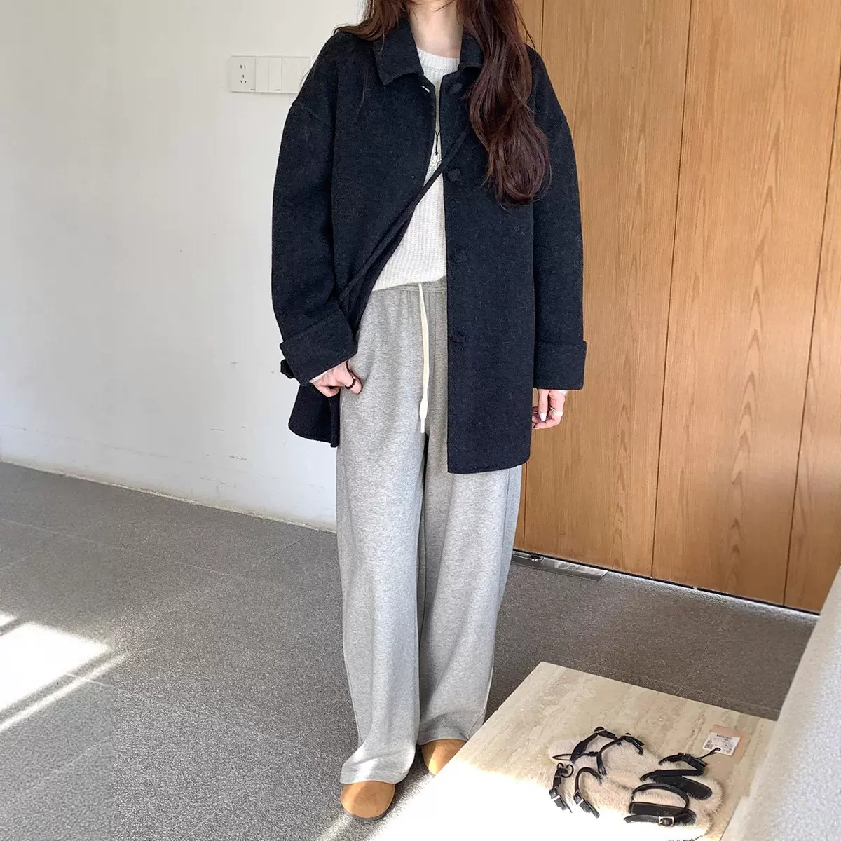 薇颂服饰冬季新款女装羊毛双面呢子大衣翻领毛呢外套女（配小包）