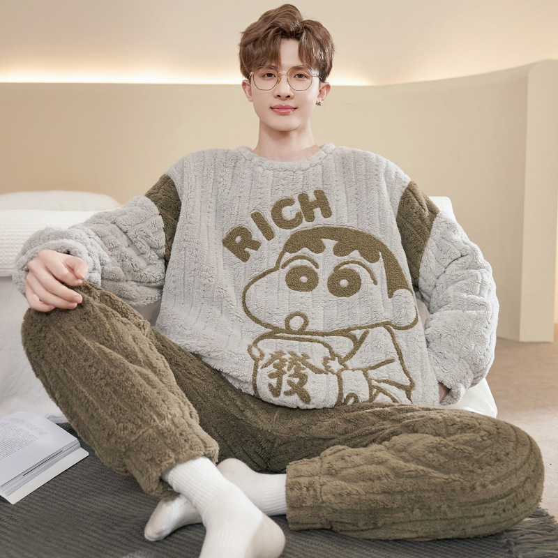 珊瑚绒睡衣男款秋冬季加绒加厚青少年初中学生大码法兰绒保暖套装|undefined