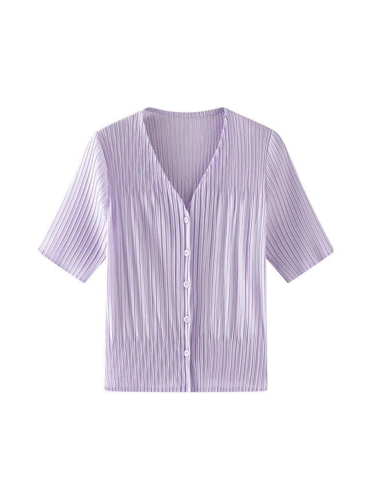 Áo khoác cardigan nữ cổ V tay ngắn xếp ly dáng rộng chống nhăn đi làm — màu be