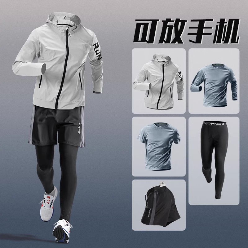 Trajes de carreras para hombres, entrenamiento de primavera de secado rápido, ciclismo, gimnasio, ropa deportiva, equipo de cinco piezas