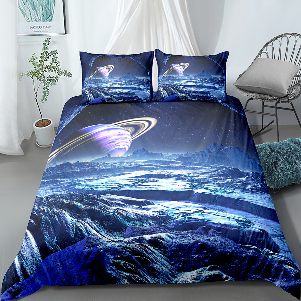 Ensemble de literie trois pièces ciel étoilé univers imprimé numérique, housse de couette et taie d'oreiller personnalisables_voghion.com