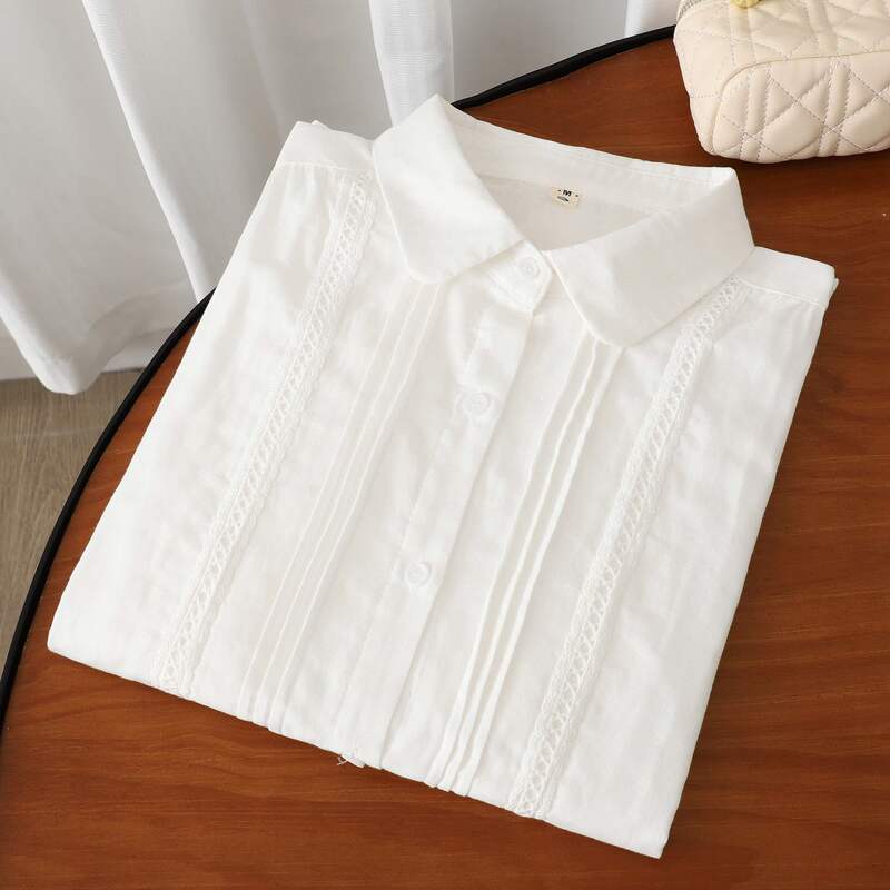 White cotton gauze shirt for women, long-sleeved, loose-fitting, versatile, new spring/autumn style, soft and skin-friendly, collared shirt top, simple design