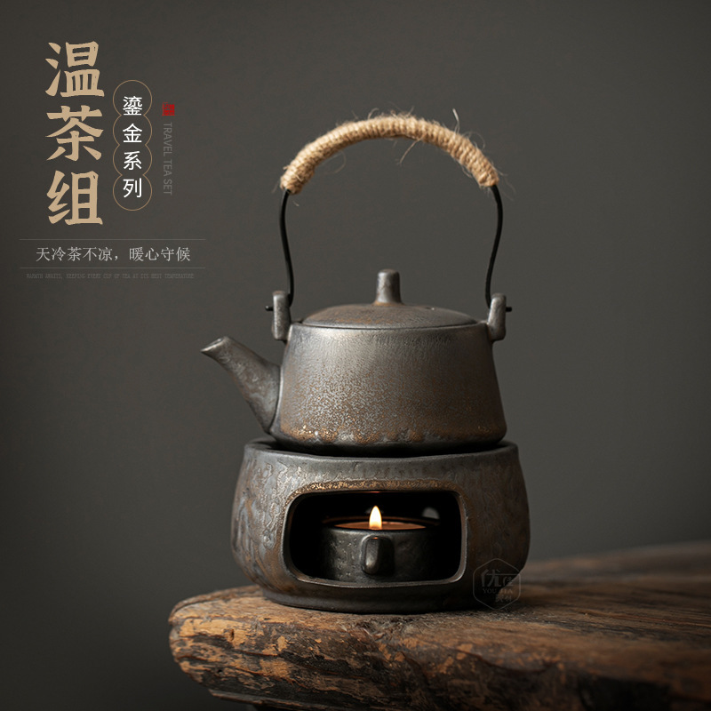 Rustic Pottery Teapot with Handle, Insulated Heating Tea Stove Set, Vintage Gilded Kung Fu Tea Set, Candle Warmer, Small Stove