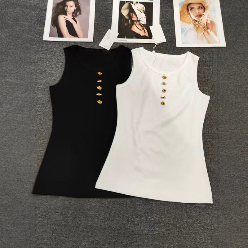 Cross-Border Export Amazon Women's Retro Metal Decorative Pullover Vest Summer Fashion Versatile Sleeveless Knitted T-Shirt
