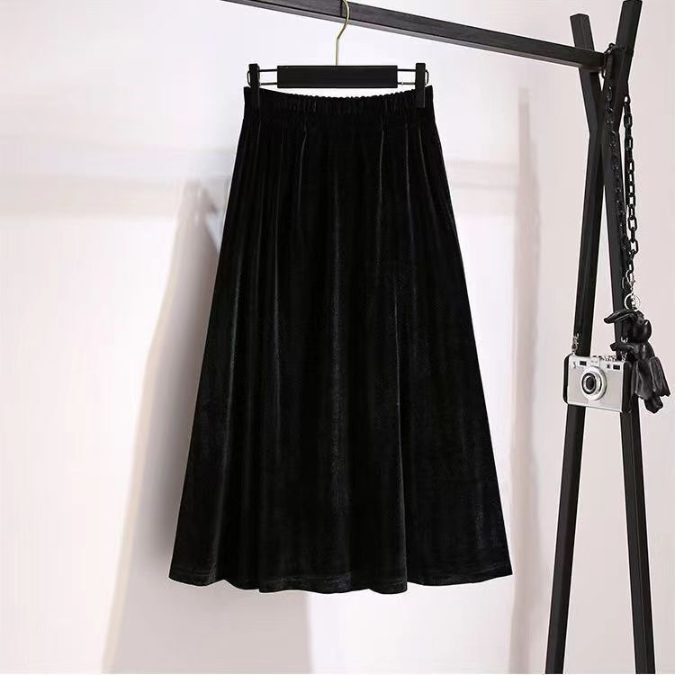 Black Skirt Women's Mid-length High Waist Autumn and Winter Draping Elegant Fashion A- line Umbrella Skirt Base Gold Velvet Skirt